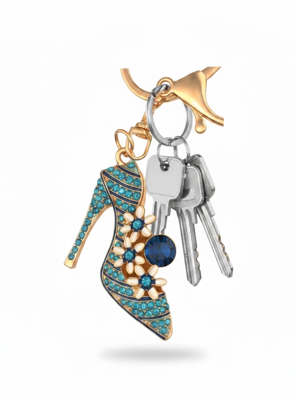 Glam Blue Rhinestone High Heel Key or Bag Charm with Flowers - Picture 4 of 8